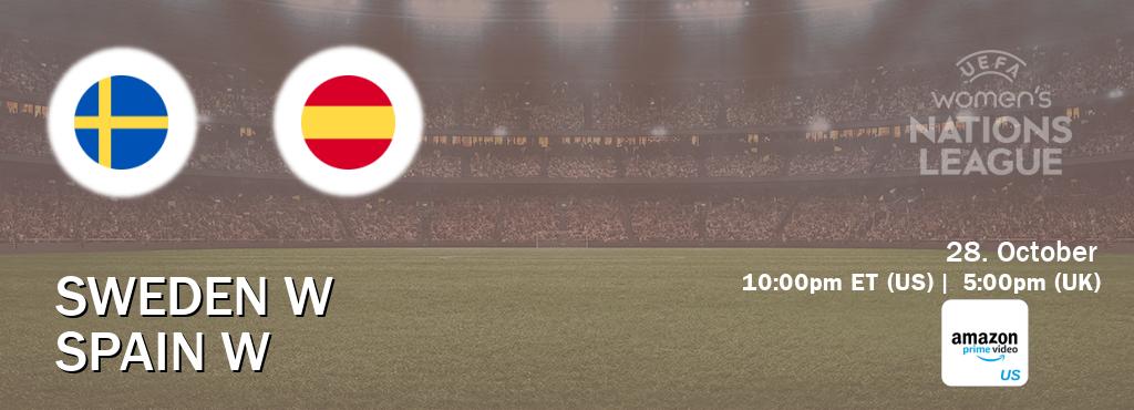 You can watch game live between Sweden W and Spain W on Amazon Prime US(US). You can watch game live between Sweden W and Spain W on Amazon Prime US(US).