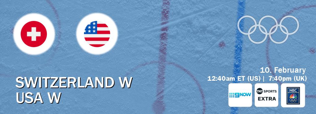 You can watch game live between Switzerland W and USA W on 9 Now(AU), TNT Sports Extra(UK), NBC Olympics(US).