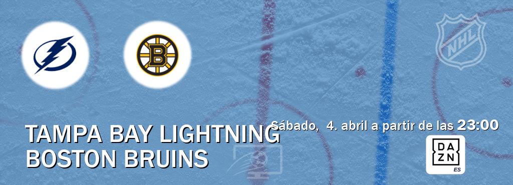 El partido entre Tampa Bay Lightning y Boston Bruins será retransmitido por DAZN España (sábado, 4. abril a partir de las 23:00). El partido entre Tampa Bay Lightning y Boston Bruins será retransmitido por DAZN España (sábado, 4. abril a partir de las 23:00).