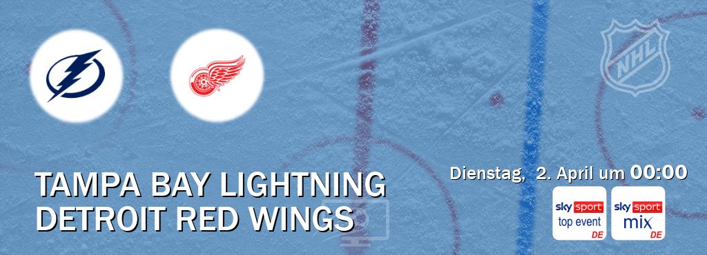 Das Spiel zwischen Tampa Bay Lightning und Detroit Red Wings wird am Dienstag,  2. April um  00:00, live vom Sky Sport Top Event und Sky Sport Mix übertragen.