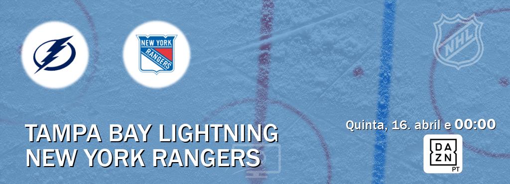 Jogo entre Tampa Bay Lightning e New York Rangers tem emissão DAZN (quinta, 16. abril e  00:00).