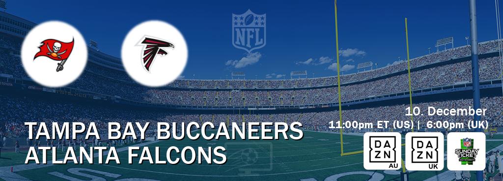 You can watch game live between Tampa Bay Buccaneers and Atlanta Falcons on DAZN(AU), DAZN UK(UK), NFL Sunday Ticket(US).
