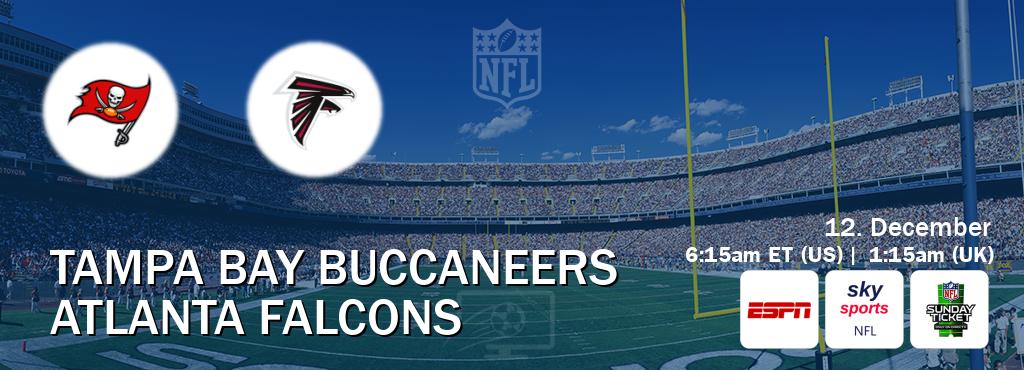 You can watch game live between Tampa Bay Buccaneers and Atlanta Falcons on ESPN(AU), Sky Sports NFL(UK), NFL Sunday Ticket(US). You can watch game live between Tampa Bay Buccaneers and Atlanta Falcons on ESPN(AU), Sky Sports NFL(UK), NFL Sunday Ticket(US).
