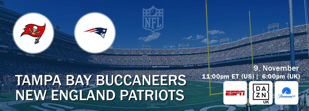 You can watch game live between Tampa Bay Buccaneers and New England Patriots on ESPN(AU), DAZN UK(UK), Paramount+(US). You can watch game live between Tampa Bay Buccaneers and New England Patriots on ESPN(AU), DAZN UK(UK), Paramount+(US).