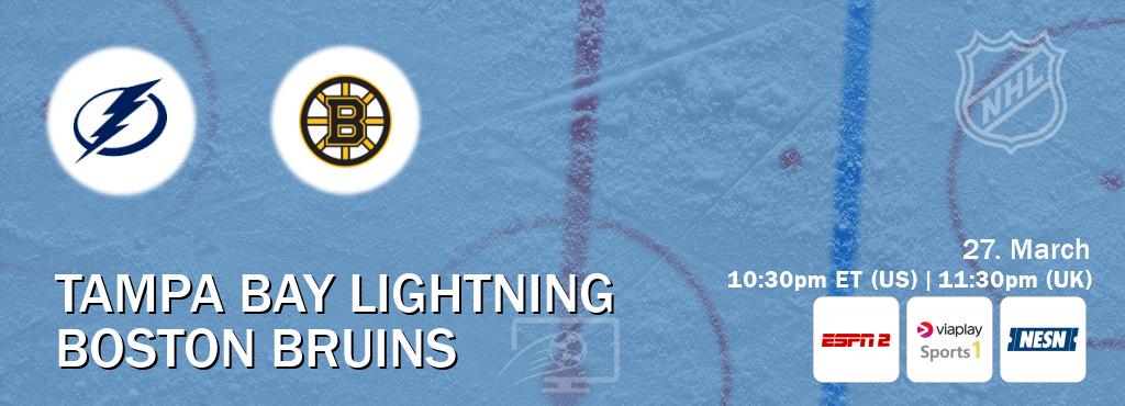 You can watch game live between Tampa Bay Lightning and Boston Bruins on ESPN2(AU), Viaplay Sports 1(UK), NESN(US).