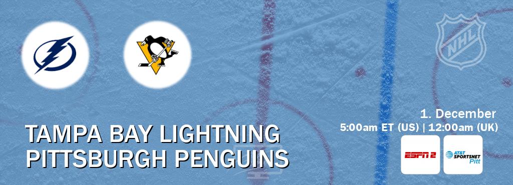 You can watch game live between Tampa Bay Lightning and Pittsburgh Penguins on ESPN2(AU) and AT&T SportsNet Pittsburgh(US).