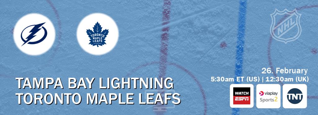 You can watch game live between Tampa Bay Lightning and Toronto Maple Leafs on WatchESPN(AU), Viaplay Sports 2(UK), TNT(US). You can watch game live between Tampa Bay Lightning and Toronto Maple Leafs on WatchESPN(AU), Viaplay Sports 2(UK), TNT(US).