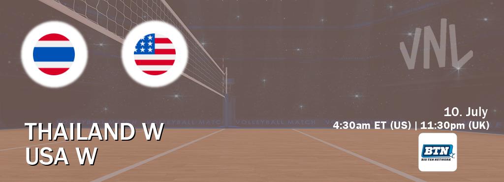 You can watch game live between Thailand W and USA W on BTN(US). You can watch game live between Thailand W and USA W on BTN(US).