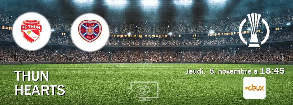 Match entre Thun et Hearts en direct à la RTS 2 (jeudi, 5. novembre a 18:45). Match entre Thun et Hearts en direct à la RTS 2 (jeudi, 5. novembre a 18:45).