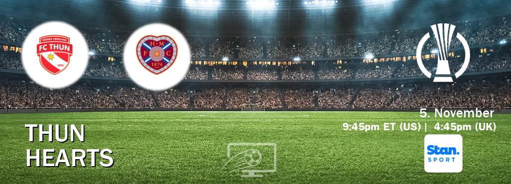 You can watch game live between Thun and Hearts on Stan Sport(AU). You can watch game live between Thun and Hearts on Stan Sport(AU).