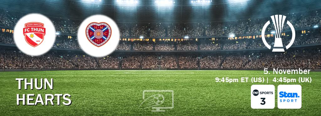 You can watch game live between Thun and Hearts on TNT Sports 3(UK) and Stan Sport(AU). You can watch game live between Thun and Hearts on TNT Sports 3(UK) and Stan Sport(AU).