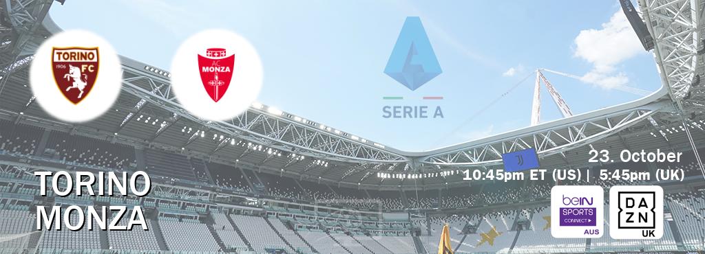 You can watch game live between Torino and Monza on beIN Sports Connect(AU) and DAZN UK(UK). You can watch game live between Torino and Monza on beIN Sports Connect(AU) and DAZN UK(UK).