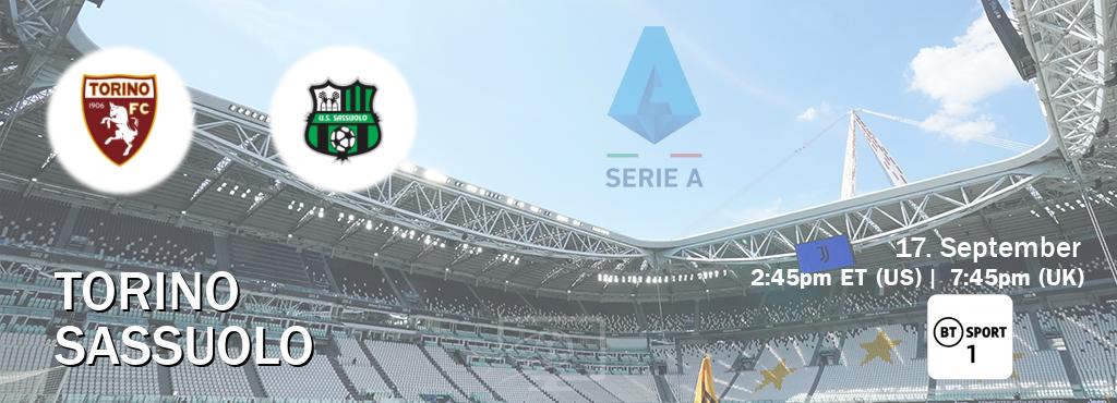 You can watch game live between Torino and Sassuolo on BT Sport 1.