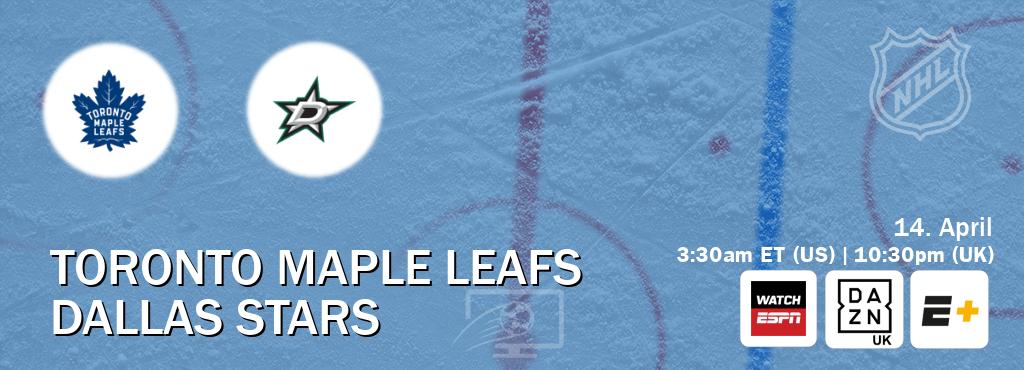 You can watch game live between Toronto Maple Leafs and Dallas Stars on WatchESPN(AU), DAZN UK(UK), ESPN+(US).