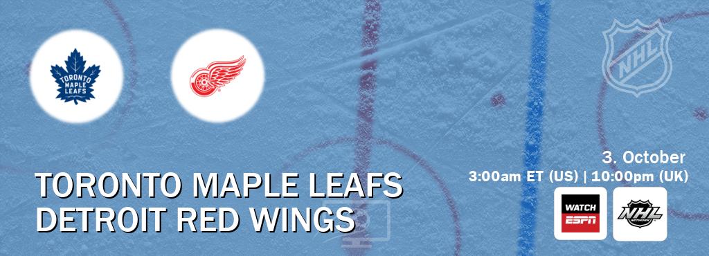 You can watch game live between Toronto Maple Leafs and Detroit Red Wings on WatchESPN(AU) and NHL Network(US). You can watch game live between Toronto Maple Leafs and Detroit Red Wings on WatchESPN(AU) and NHL Network(US).