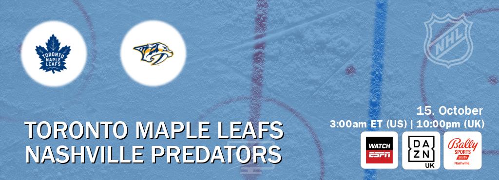 You can watch game live between Toronto Maple Leafs and Nashville Predators on WatchESPN(AU), DAZN UK(UK), Bally Sports Nashville(US). You can watch game live between Toronto Maple Leafs and Nashville Predators on WatchESPN(AU), DAZN UK(UK), Bally Sports Nashville(US).