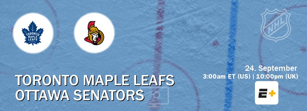 You can watch game live between Toronto Maple Leafs and Ottawa Senators on ESPN+(US). You can watch game live between Toronto Maple Leafs and Ottawa Senators on ESPN+(US).