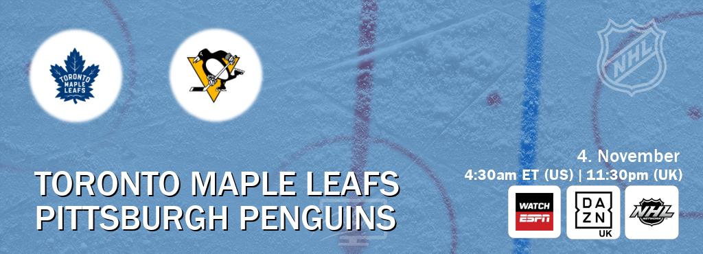 You can watch game live between Toronto Maple Leafs and Pittsburgh Penguins on WatchESPN(AU), DAZN UK(UK), NHL Network(US). You can watch game live between Toronto Maple Leafs and Pittsburgh Penguins on WatchESPN(AU), DAZN UK(UK), NHL Network(US).