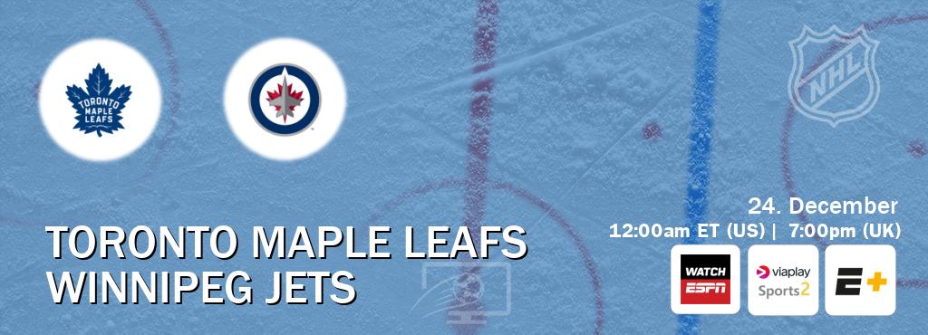 You can watch game live between Toronto Maple Leafs and Winnipeg Jets on WatchESPN(AU), Viaplay Sports 2(UK), ESPN+(US).