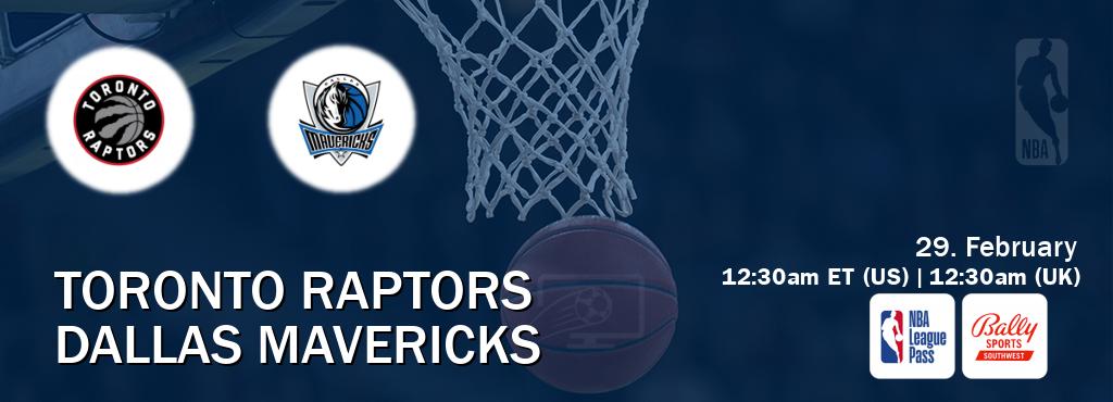 You can watch game live between Toronto Raptors and Dallas Mavericks on NBA League Pass and Bally Sports Southwest(US).