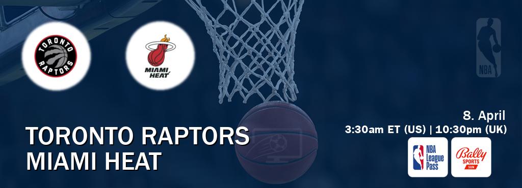 You can watch game live between Toronto Raptors and Miami Heat on NBA League Pass and Bally Sports Sun(US).