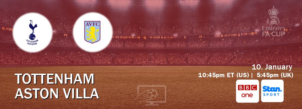 You can watch game live between Tottenham and Aston Villa on BBC One(UK) and Stan Sport(AU). You can watch game live between Tottenham and Aston Villa on BBC One(UK) and Stan Sport(AU).