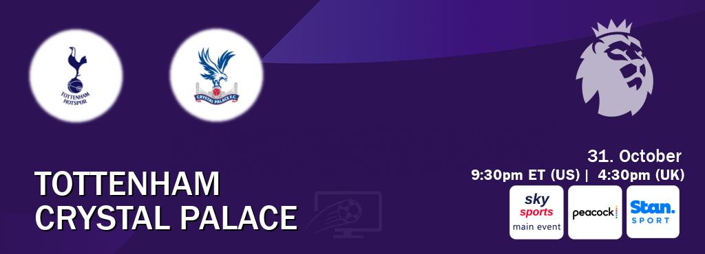 You can watch game live between Tottenham and Crystal Palace on Sky Sports Main Event(UK), Peacock(US), Stan Sport(AU). You can watch game live between Tottenham and Crystal Palace on Sky Sports Main Event(UK), Peacock(US), Stan Sport(AU).