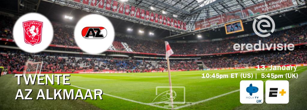 You can watch game live between Twente and AZ Alkmaar on Mola TV UK(UK) and ESPN+(US).