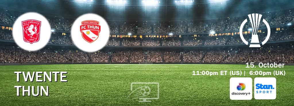 You can watch game live between Twente and Thun on Discovery +(UK) and Stan Sport(AU). You can watch game live between Twente and Thun on Discovery +(UK) and Stan Sport(AU).