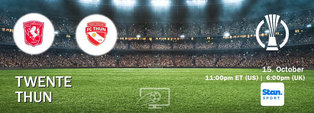 You can watch game live between Twente and Thun on Stan Sport(AU). You can watch game live between Twente and Thun on Stan Sport(AU).