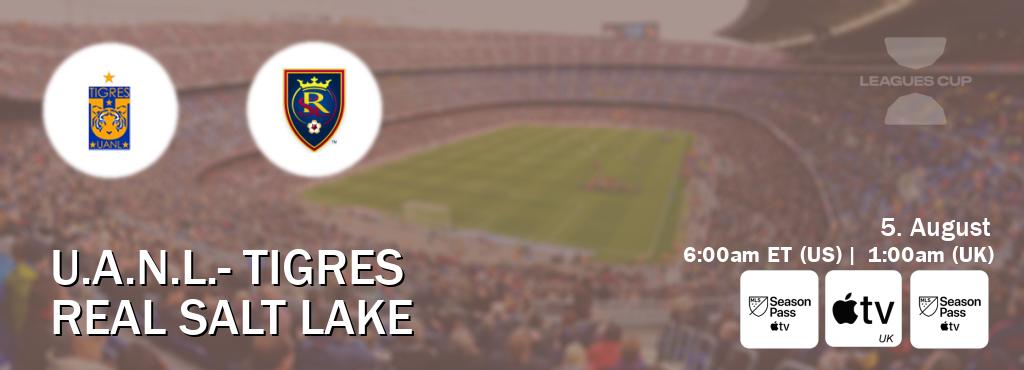 You can watch game live between U.A.N.L.- Tigres and Real Salt Lake on MLS Season Pass, Apple TV(UK), MLS Season Pass(US). You can watch game live between U.A.N.L.- Tigres and Real Salt Lake on MLS Season Pass, Apple TV(UK), MLS Season Pass(US).