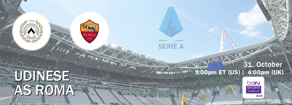 You can watch game live between Udinese and AS Roma on beIN Sports Connect(AU). You can watch game live between Udinese and AS Roma on beIN Sports Connect(AU).