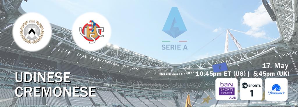You can watch game live between Udinese and Cremonese on beIN Sports Connect(AU), TNT Sports 1(UK), Paramount+(US).