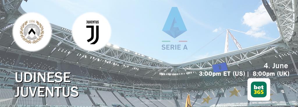 You can watch game live between Udinese and Juventus on bet365.