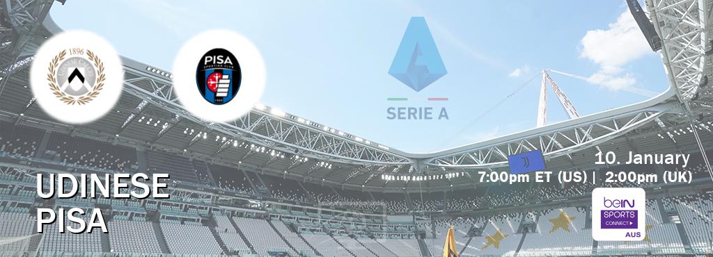You can watch game live between Udinese and Pisa on beIN Sports Connect(AU). You can watch game live between Udinese and Pisa on beIN Sports Connect(AU).