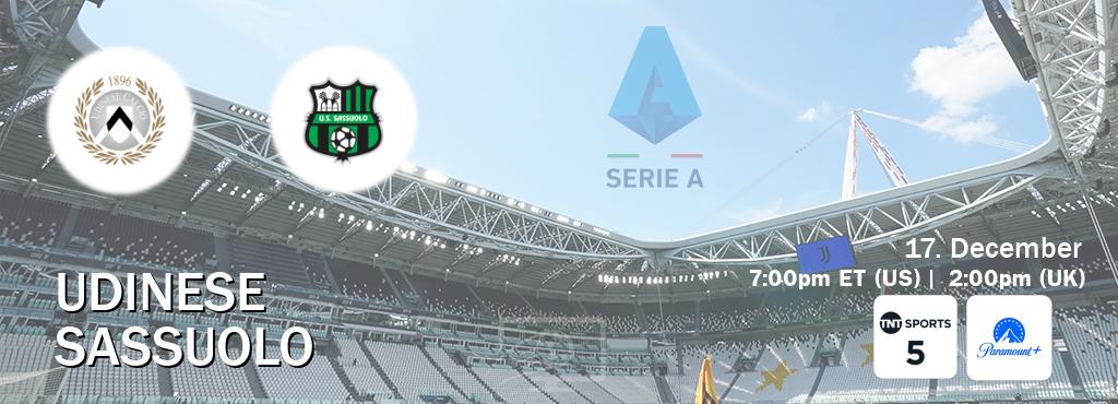 You can watch game live between Udinese and Sassuolo on TNT Sports 5(UK) and Paramount+(US).