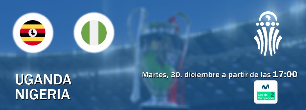 El partido entre Uganda y Nigeria será retransmitido por Movistar Liga de Campeones 2 (martes, 30. diciembre a partir de las 17:00). El partido entre Uganda y Nigeria será retransmitido por Movistar Liga de Campeones 2 (martes, 30. diciembre a partir de las 17:00).