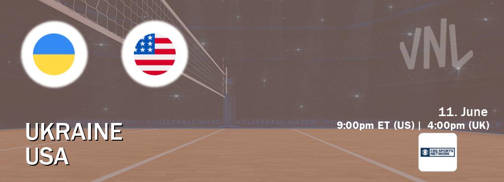 You can watch game live between Ukraine and USA on CBS Sports Network(US).