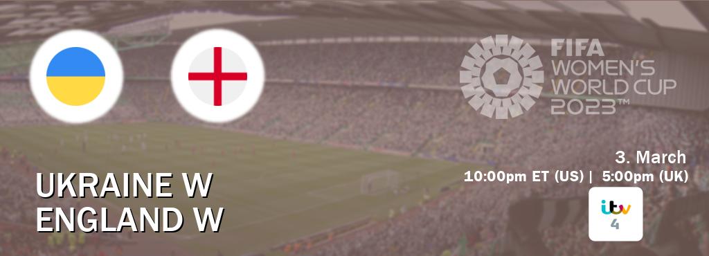 You can watch game live between Ukraine W and England W on ITV 4(UK). You can watch game live between Ukraine W and England W on ITV 4(UK).