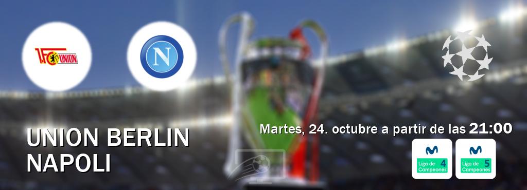 El partido entre Union Berlin y Napoli será retransmitido por Movistar Liga de Campeones 4 y Movistar Liga de Campeones 5 (martes, 24. octubre a partir de las  21:00).