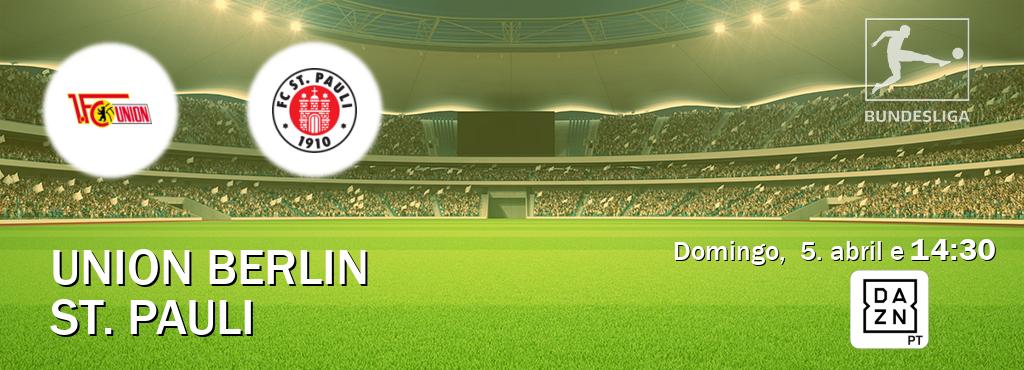 Jogo entre Union Berlin e St. Pauli tem emissão DAZN (domingo,  5. abril e  14:30).