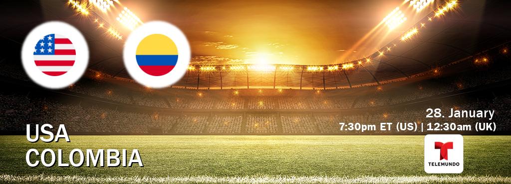 You can watch game live between USA and Colombia on Telemundo.