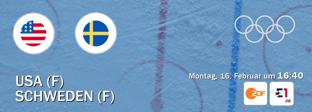 Das Spiel zwischen USA (F) und Schweden (F) wird am Montag, 16. Februar um  16:40, live vom ZDF und Eurosport 1 übertragen.