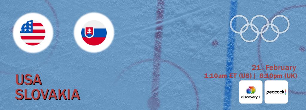 You can watch game live between USA and Slovakia on Discovery +(UK) and Peacock(US).