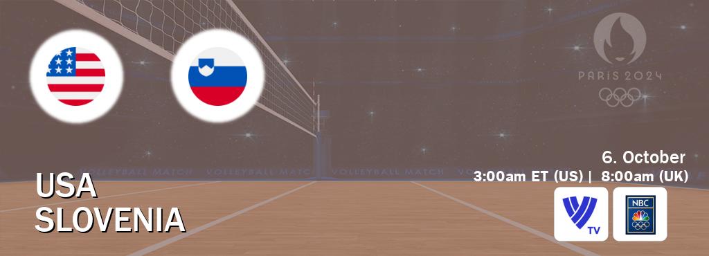 You can watch game live between USA and Slovenia on Volleyball TV and NBC Olympics(US).