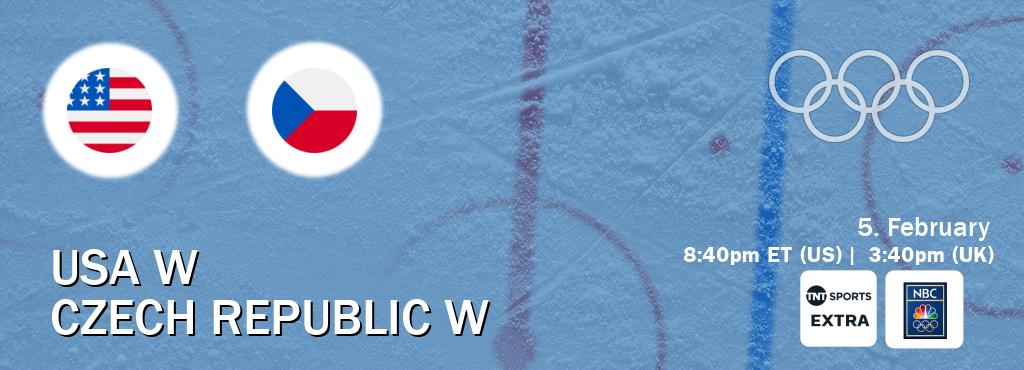 You can watch game live between USA W and Czech Republic W on TNT Sports Extra(UK) and NBC Olympics(US).