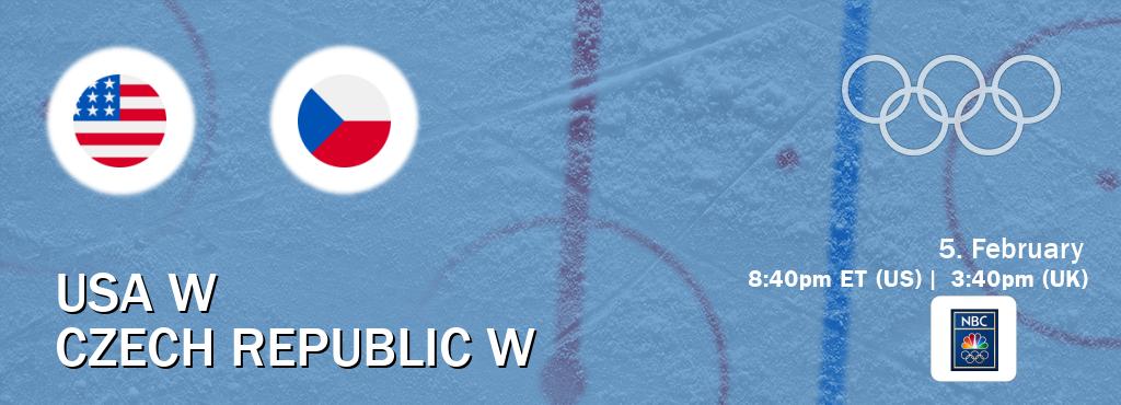 You can watch game live between USA W and Czech Republic W on NBC Olympics(US).