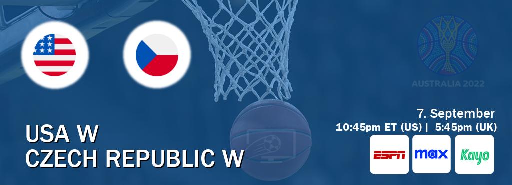 You can watch game live between USA W and Czech Republic W on ESPN(AU), Max(US), Kayo Sports(AU).