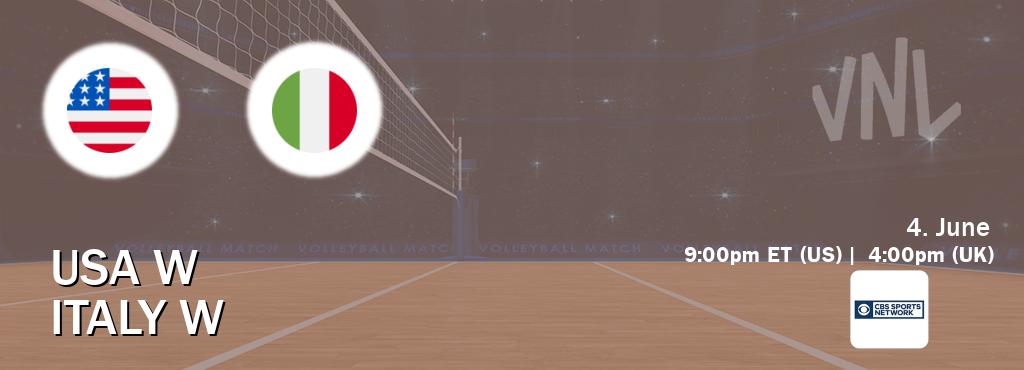 You can watch game live between USA W and Italy W on CBS Sports Network(US). You can watch game live between USA W and Italy W on CBS Sports Network(US).