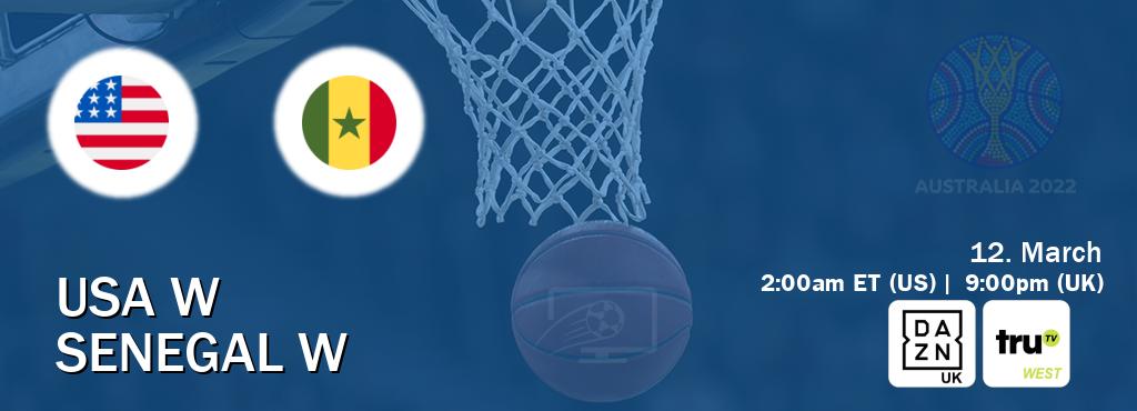 You can watch game live between USA W and Senegal W on DAZN UK(UK) and truTV West(US).